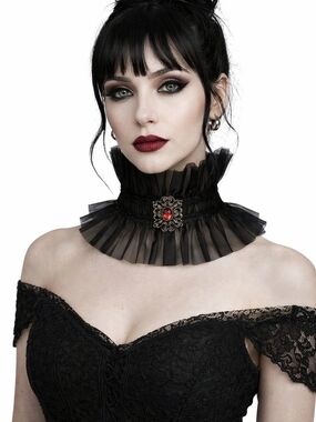 Victorian Gothic Black Ruffled Choker with Brooch